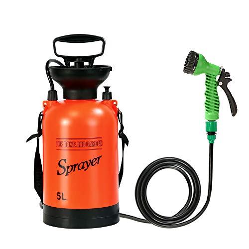 CLICIC 1.3 Gallon Pressure Sprayer with 7 Spray Modes, Camping Shower with Removable Hose and Shower Head, for Camping Outdoor Traveling Hiking and Pet Bath, 5L, Red