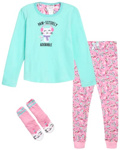 Rene Rofe Girls Cozy Polar Fleece Pajama Pant Set (3-Piece) (Aqua Caticorn, X-Large - 14/16)