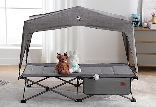 EVER ADVANCED Portable Deluxe Toddler Sleeping Cot with Canopy, Foldable Kids Camping Cot Travel Bed, with Carry Bag, for Indoor & Outdoor,140lbs, Grey