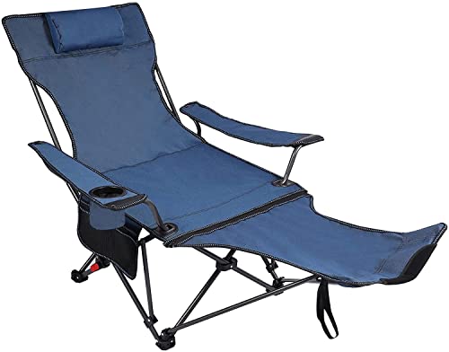 REDCAMP Camping Chair with Removable Footrest, Portable Folding Reclining Camp Chairs for Adults, Blue with Fabric Back