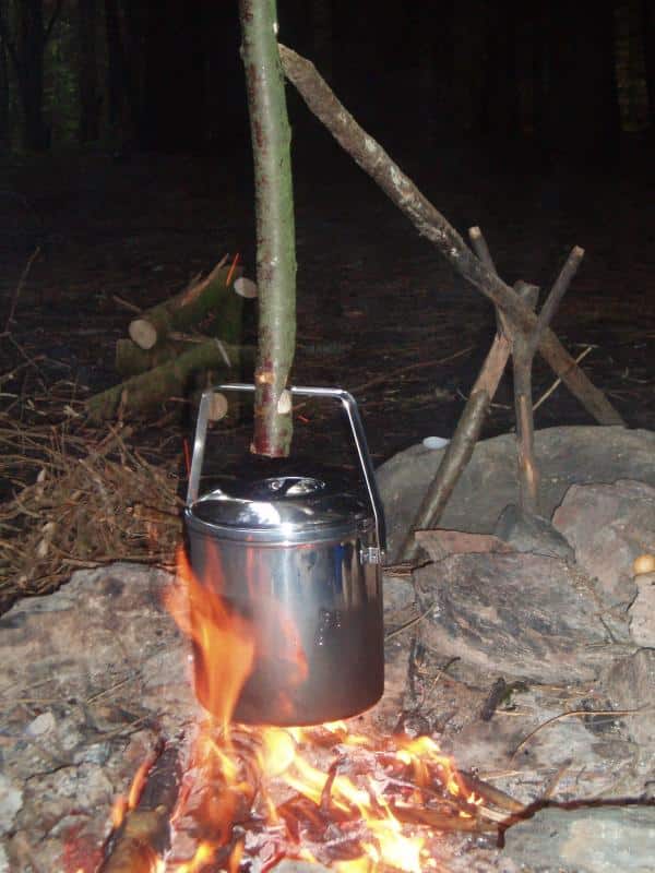 campfire crane with notched wood