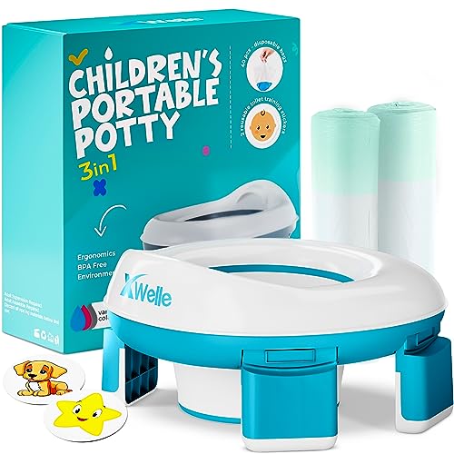 XWelle 3 in 1 Portable Potty For Toddler Travel +GIFT- Potty Training Toilet - Travel Potty Seat For Toddler - Foldable Potty Seat For Toddler Travel - Baby Toilet Trainer - Folding Kids Toilet (Blue)