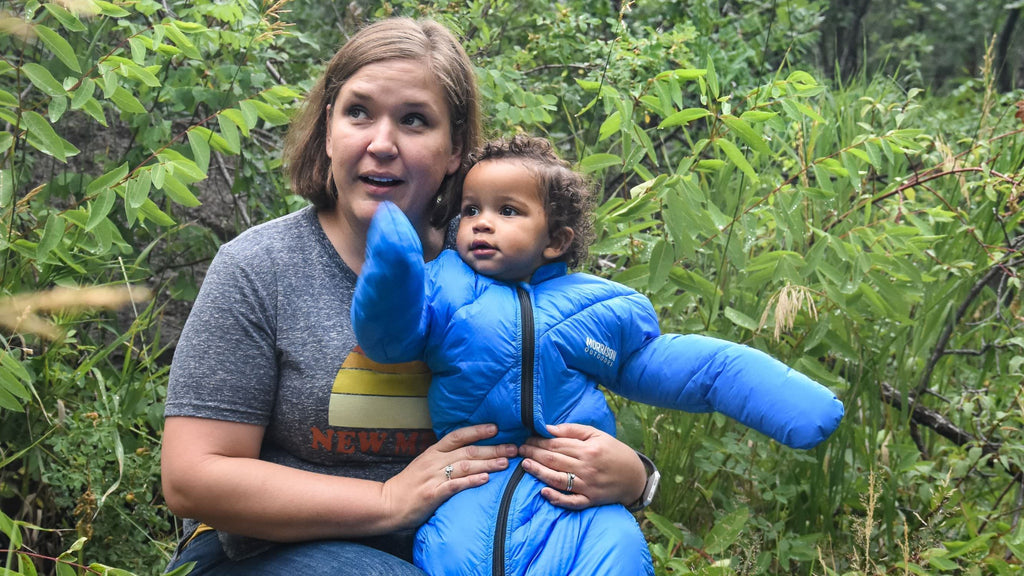 Baby in Little Mo 40° Synthetic Baby Sleeping Bag Blazing Blue With Mother Camping in Nature Happy and Warm - Morrison Outdoors