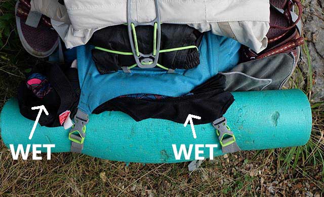 camping hack wet clothes off of backpack