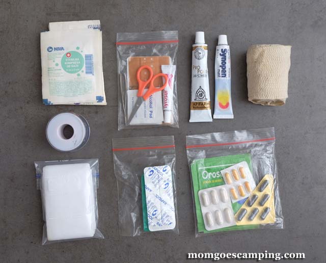 backpacking first aid kit organized in baggies