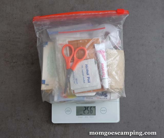 first aid kit packed and weighed