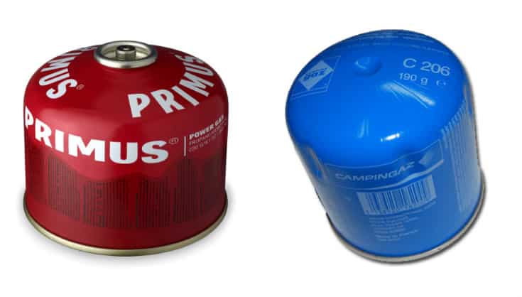 On the left is a Primus screw-on gas canister. On the right is a cheap puncture-style gas canister.