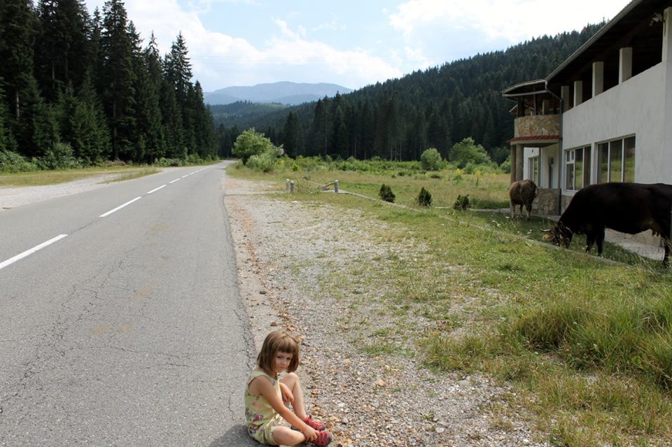 Isabel and me waiting while absolutely no cars go by.