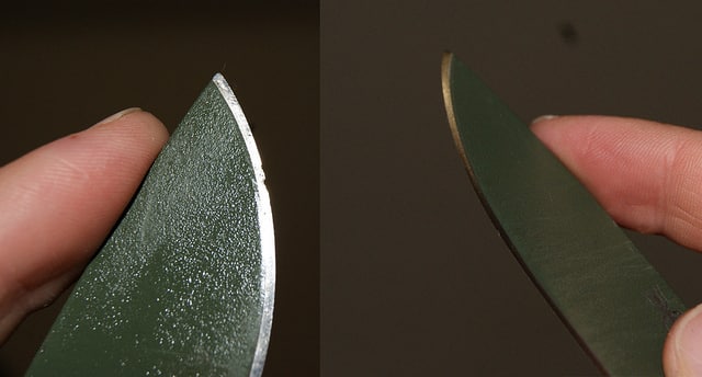 This knife blade is soft and very damaged, so it will need a coarser grit.